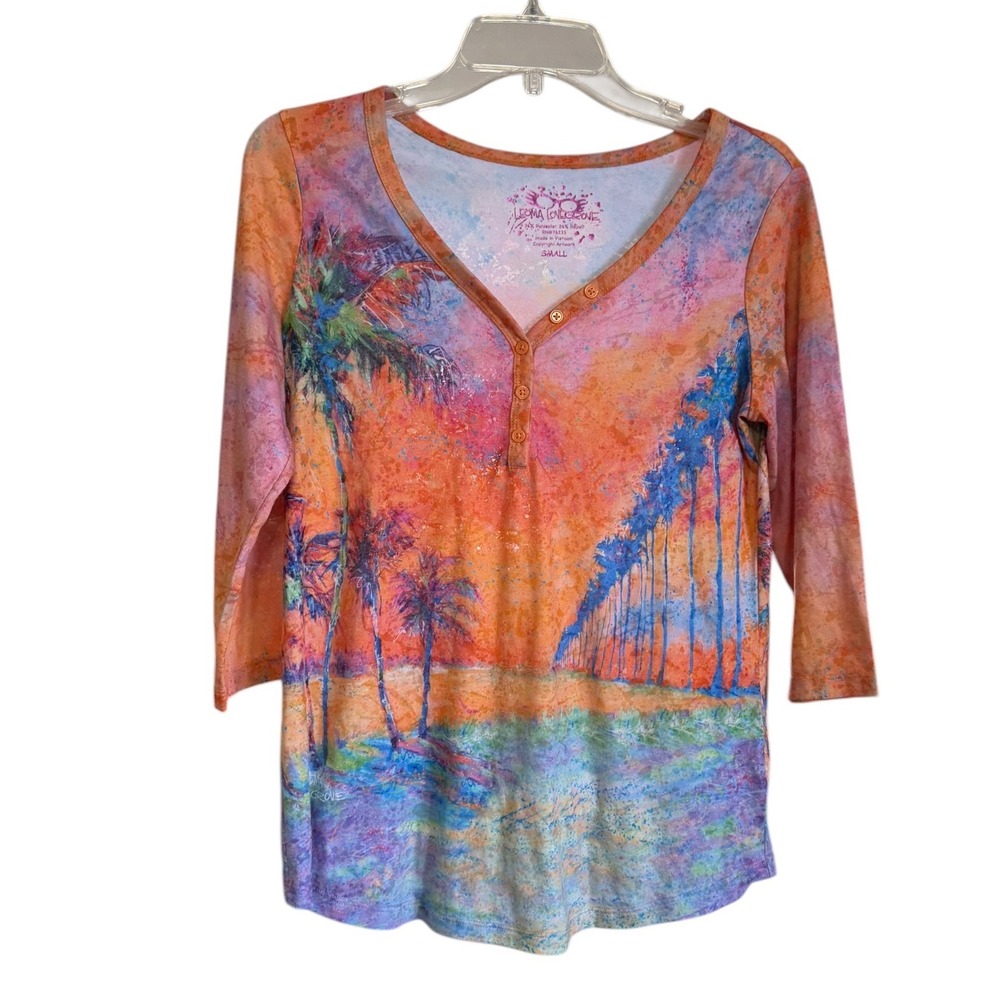 Leoma Lovegrove Tropical Palm Tree Artsy Henley Top Orange Pink Blue Small